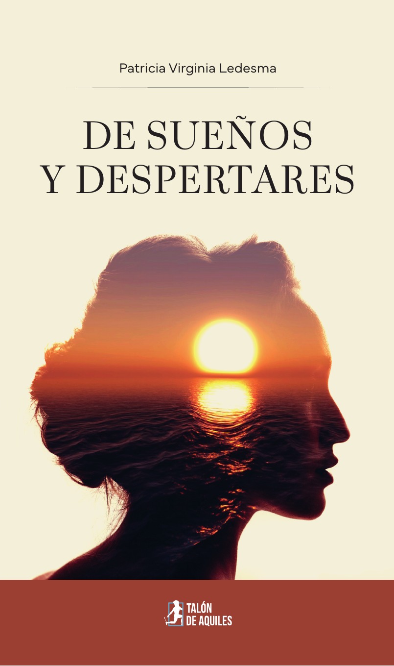 Portada de De sueños y despertares, de Patricia Virginia Ledesma: una silueta femenina con un atardecer sobre el mar